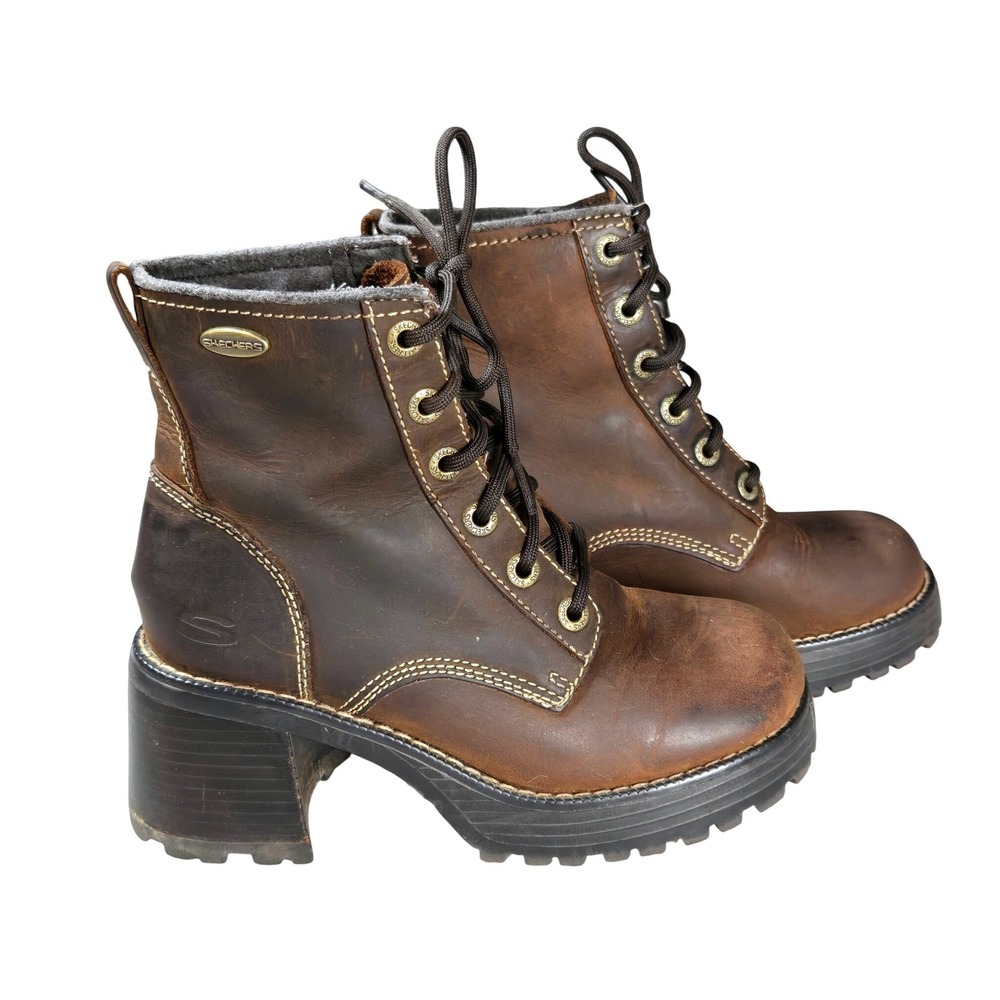 Women's VTG Y2K Skechers 5.5 Brown Leather Boots Platform Chunky Heel Lug Sole